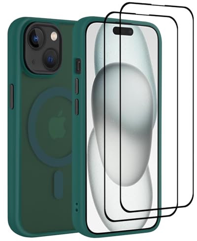 32nd Magnetic case cover for iPhone 15 (6.1) Compatible with MagSafe + 2 Screen Protectors, Slim Back Shockproof Protective Phone Cover - Dark Green