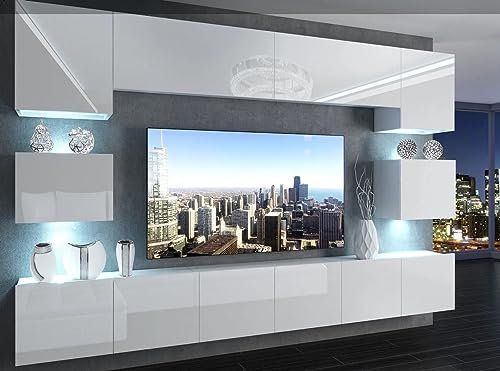 NAKA Wohnwand Sideboard Wohnzimmer Möbel TV-Schrank Lowboard TV-Board Hängeschrank Weiss Hochglanz IMP 3/5/W/W/0/0 mit LED Beleuchtung