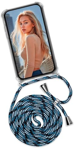 ONEFLOW Handykette für iPhone 15 Pro Max Hülle mit Band, Handyhülle mit Kette abnehmbar, Handyband zum Umhängen, Handy Umhängeband Lange Handykordel, Twist Case – Blau Hellblau