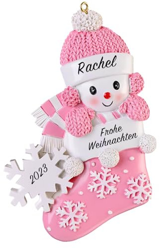 Bemaystar Babys Erstes Weihnachten Ornament 2023 – Neugeborene Baby Ornamente für Weihnachtsbaumschmuck, Schneebaby im Strumpf mit Schneeflocke, Weihnachtsbaumschmuck, Individueller Name, Rosa