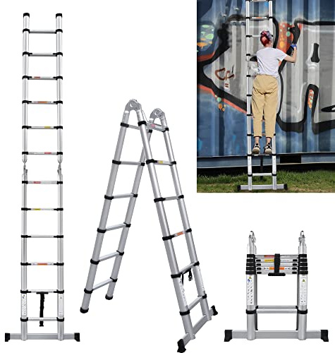 Aluminium Telescopic Extension Ladder - 3.8M / 12.5FT Lightweight, Collapsible A Frame, Portable & Compact for Home & Outdoor Use