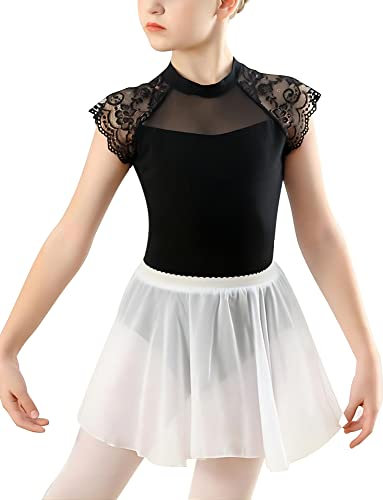 Happy Cherry Ballettanzug Mädchen Ballett Trikot mit Rock Kurzarm Kinder Baumwolle Ballettkleidung Tanzbody Teen Turnanzug Gymnastikanzug mit Spitze Schwarz 13-14 Jahre