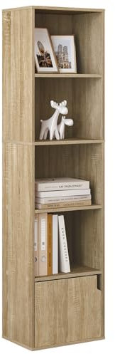 eSituro Bücherregal Kinder, schmales Regal mit Tür, 5 Fächern, Standregal Würfelregal für Wohnzimmer Schlafzimmer Büro, Helle Eiche