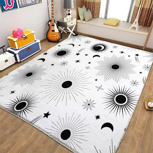 Waschbarer Teppich 80x150cm Sonne-Mond-Sterne-Druck Flauschiger Kurzflor Teppich für Wohnzimmer und Schlafzimmer Weiß, Anti-Rutsch Unterseite, Kinderzimmer Dekoration