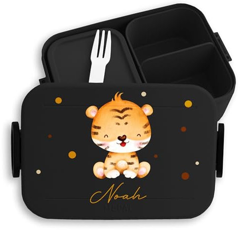 Kinder Bento Box Midi Lunchbox für Mepal Bentobox personalisiert - Tiger mit Namen - 900 ml - Schwarz - brotdose zootiere jausenbox personalisierte essen