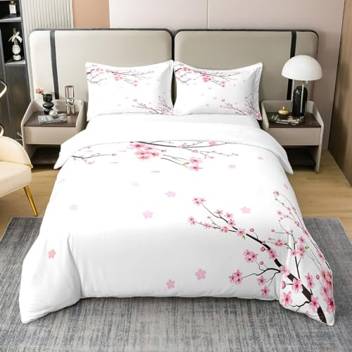 Homewish Housse de Couette Fleurs de Cerisier 200x200 - Parure de Lit Floral Rose pour Fille Femme - Ensemble de Literie Fleurs Japonaises Printanières Pétales de Fleurs Pâles - Coton