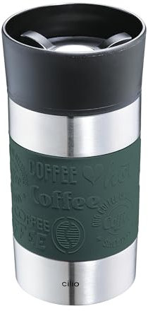cilio Isoliertrinkbecher VIAGGIO | Edelstahl Thermobecher to go | Deckel aus Kunststoff | 360° Trinkverschluss | Doppelwandsystem | Bruch- und auslaufsicher | 300 ml, Höhe: 15,5 cm | Dunkelgrün