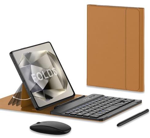 COQUE Kit d'Accessoires de Bureau Mobile pour Samsung Galaxy Z Fold 6 - Étui pour Clavier avec Emplacement pour Stylo, Support et Cuir Pliable - Kit de Bureau Marron