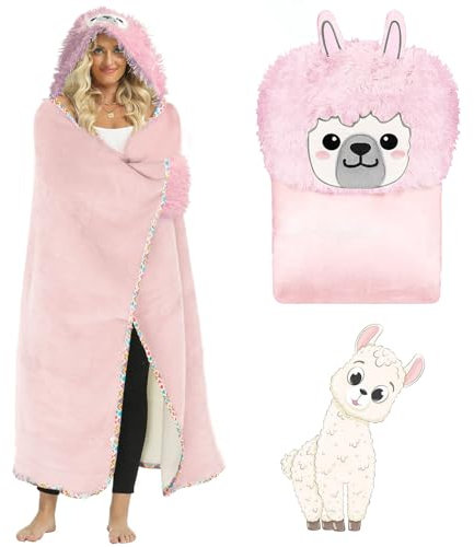 BOUFEIDA Flanell Alpaka Decke, 165 * 120cm Alpakadecke mit Ärmeln und Kapuze, Flauschig Kuscheldecke Plüsch Alpaka Tiermuster Decke Ideal für den Hausgebrauch oder als Geschenk
