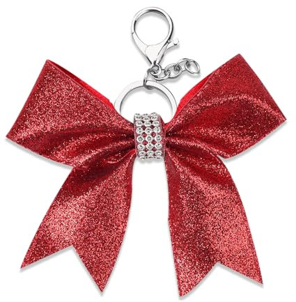 yaozeio Glitzernder Schlüsselanhänger mit Schleife für Cheerleading, Cheerleading, Rucksack, Charm, Geschenk für Frauen und Mädchen, Cheer Stuff, Rot/Ausflug, einfarbig (Getaway Solids), Small