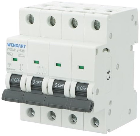 Wengart Disjoncteur miniature triphasé WGM12-63H AC230V/400V, 63A, 4P, 10KA, B-Char, haute résistance aux courts-circuits, matériaux ignifuges pour protéger les systèmes électriques domestiques