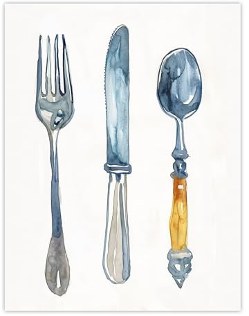 Artery8 Cutlery Fork Spoon and Knife Bright Watercolour Kitchen Large Wall Art Poster Print Thick Paper 18X24 Inch