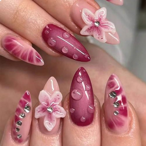 GlamRays Lot de 24 faux ongles à effet 3D, en forme d'amande, en acrylique, en forme d'amande, rose, rouge, avec motif en forme de goutte d'eau, fleur et strass