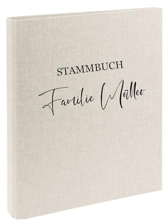 AWASG Dokumentenmappe Stammbuch - Personalisiert mit Namen - Ringbuch Ordner für die Familie - Familienordner Leinen zum Einsortieren von Unterlagen (sand)
