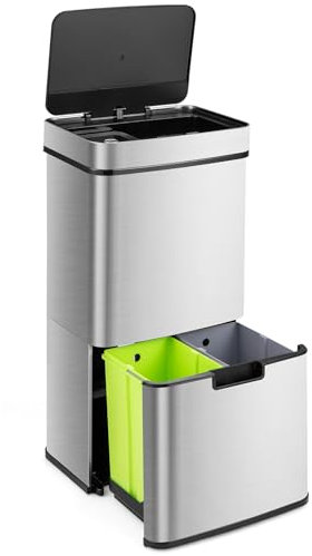 4 Compartment Stainless Steel Touchless Infrared Motion Waste Bin with Soft Closure Lid - 72L Automatic Sensor Kitchen Bin for Home & Office