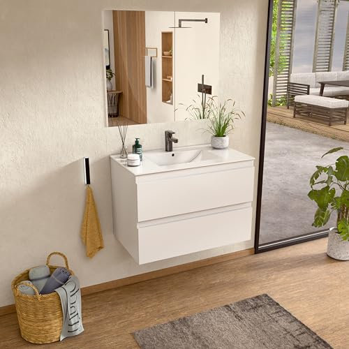 BELLOBATH - Mueble Baño Suspendido con Lavabo de Cerámica y Espejo, Mueble Baño con Lavabo Montado con 2 Cajones, 60 x 55 x 46 cm, Mueble Blanco