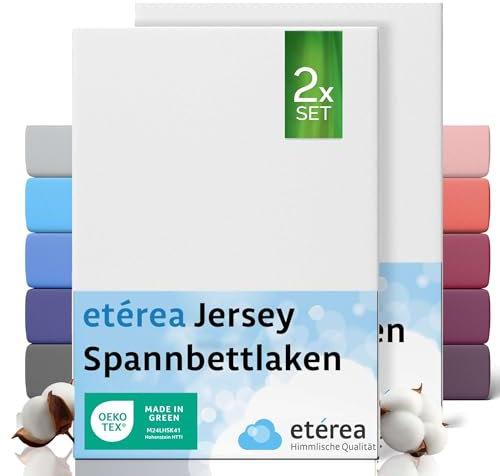 etérea Jersey 2er Set Spannbettlaken 90x200cm - 100x200cm Weiss bis 25 cm Höhe - 100% Baumwolle Spannbetttuch Oekotex - Doppelpack Bettlaken 90x200 cm - 100x200 cm - White