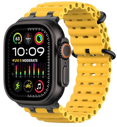 MoKo Upgraded Correas Ocean Compatible con Apple Watch Ultra 2/Ultra 49mm,S10 46mm,9/8/7 45mm,SE2/SE/6/5/4 44mm,3/2/1 42mm, Correa Deportiva Transpirable con Conector Metálico, Negro/Amarillo