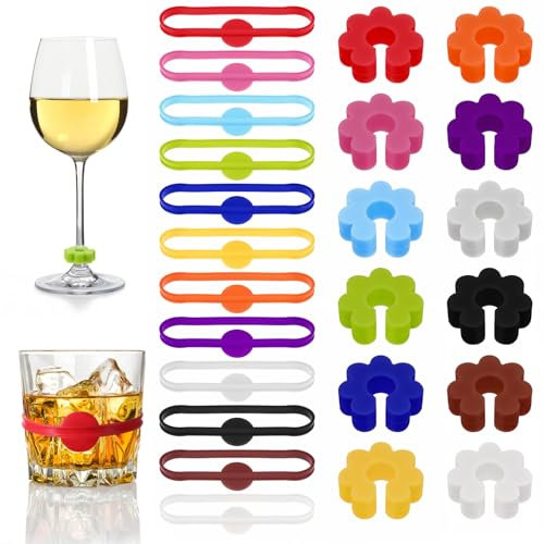 Ymapinc Trinkglas Markierung Silikon，24 Stück Weinglas Markierer Ringe Glasmarkierer Band Dehnbarer Weingläser Ring für Partys Hochzeiten Cocktails Bier und Champagner Gläs Rutschfeste Design