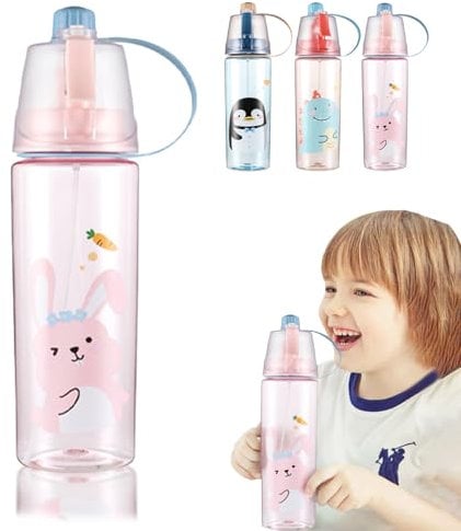 dellyy Wasserflasche mit spray, 600ml Sprüh Trinkflasche, Sport, Trinkflasche, Bottle Water, Sportflasche, für Jungen, Mädchen zum Rehydrieren, Abkühlen, Reiten, Klettern, Wandern (Rot)