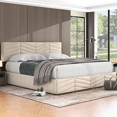 Zepneiy Lit 180x200 avec Sommier, Lit Coffre 180x200 avec tête de lit réglable en Hauteur, Lit Double avec à Lattes Lit, Lit Rembourré Cadre de lit Moderne 180x200, Velours Beige(sans Matelas)
