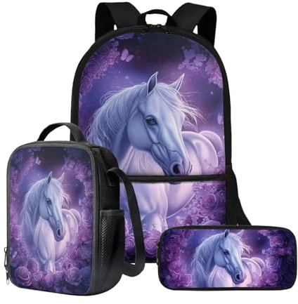 Wnbucioht 3-in-1-Rucksack für Kinder, Jungen, Schultaschen-Set mit isolierten Lunch-Taschen, Stifthalter, Schultaschen-Sets, Blumenrose, Pferd, Einheitsgröße, Schulranzen-Set