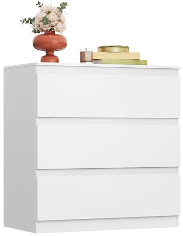 WLIVE Kommode mit 3 Schubladen, Moderne Schubladenschrank aus Glatter Metallschiene, Komodenschrank, für Schlafzimmer, Wohnzimmer, Flur, Weiß