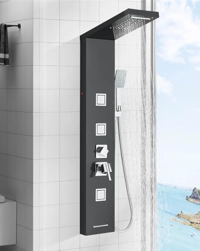 TVTIUO Schwarze Hydromassage-Duschsäule, 5 Funktionen Duschpaneel Regen&Wasserfall Dusche,Massagedüsen,Handbrause,Hydromassage-Duschsäule mit LED, Duschsystem aus Edelstahl für das Badezimmer.