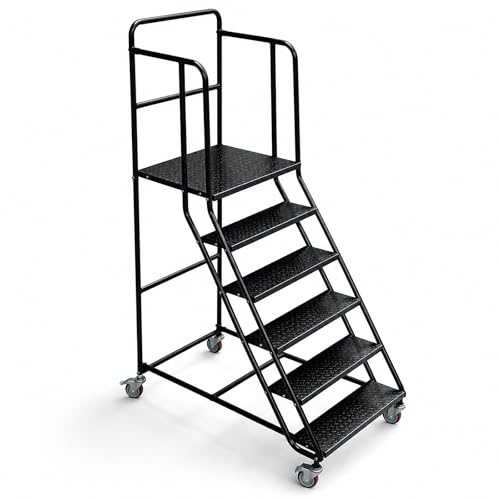 Mobile Safety Steps, 6 Step Rolling Platform Ladder with Handrails, 400 kg Capacity Heavy Duty Steel Warehouse Steps, Locking Castors & Anti-Slip Treads for Stockroom Garage Library (Black)