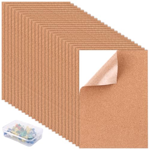 STARVAST Korkplatte Selbstklebend 24 Stueck, Kork Pinnwand mit 40 Reisszwecken, 300 x 210 x 2 mm Korkplatten fuer die Wand, Pinnwand Selbstklebend fuer Fotos, Notizen und DIY