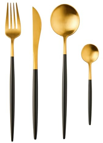 BUTLERS 4-tlg. Besteckset für 1 Person Edelstahl - STILETTO - matt | Farbe Gold - Essbesteck für Hauptspeisen & Desserts - Garnitur mit modernem Design - gebürstete Oberfläche