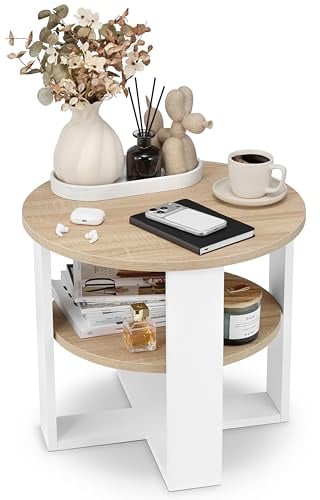 defiPad Couchtisch rund Ø53 cm mit Ablage, Weiß/Sonoma Eiche | 18-mm-Möbelplatte, 2 Ebenen, in Europa gefertigt, pflegeleichte Oberfläche, stabile Konstruktion, einfache Montage