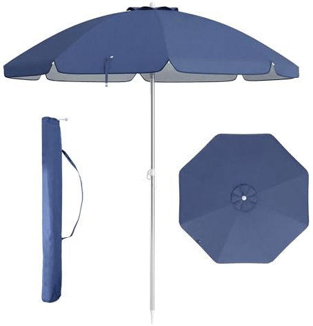 COSTWAY Parasol de Plage Ø198 CM Inclinable Protection UV 50+ avec Bouton Poussoir, Parasol Rond Pliable à 8 Baleines en Fibre de Verre, Sac de Transport pour Patio, Piscine (198 cm,Bleu Marine)