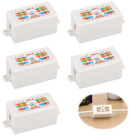 5Pcs White RJ45 Cat6 Junction Box with Double-sided tape Cable Ties & Screw | ABS Inline Punchdown Coupler Joiner for Cat6 RJ45 Connector Ethernet Cables Extension Adapter Compatible Network Splice Box