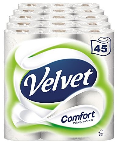 Velvet Comfort Toilet Roll Tissue Paper 45 Rolls (Pack of 5 x 9)