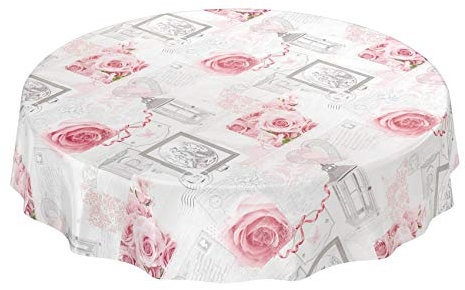 Tischdecke Wachstuchtischdecke Wachstuch Wachstischdecke pflegeleicht abwaschbar Rosen Landhaus Antik Grau Rund 140cm, Schnittkante