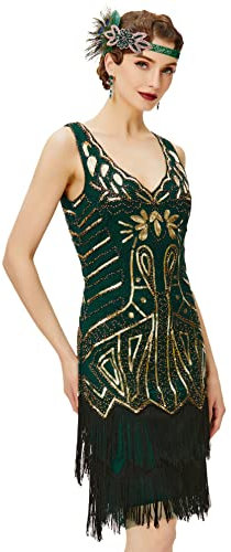 Babeyond – Robe à franges et col en V pour femme style 1920 Gatsby le Magnifique, Doré et vert foncé., L