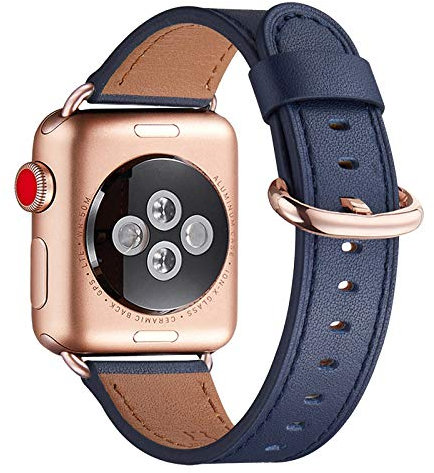 WFEAGL Kompatibel für Apple Watch Armband 40mm 41mm 38mm,Lederband Ersatzband für Herren Damen Kompatibel für iWatch Series 10/9/8/7/6/5/4/3/2/1,SE(38mm 40mm 41mm, Dunkelblau+Roségold Adapter)
