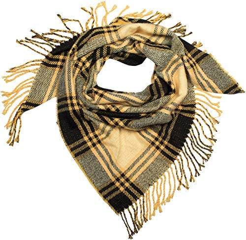 styleBREAKER Damen XXL Strick Dreiecksschal mit Glencheck Karo Muster, Fransen, Winter Schal, Tuch 01018160, Farbe:Gelb-Schwarz