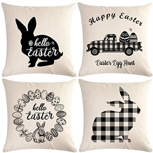 ULOVE LOVE YOURSELF Happy Easter, Überwurf-Kissenbezüge, Schwarz-Weiß, Büffelkariert, Bauernhaus, quadratischer Kissenbezug, Osterhase/Eier, Frühlings-Kissenbezüge 45,7 x cm, 4er-Pack (schwarz/weiß)