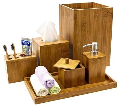 Juego de accesorios de baño de bambú para inodoro, 6 piezas, dispensador de jabón, jabonera, soporte para cepillo de dientes, bandeja para inodoro natural