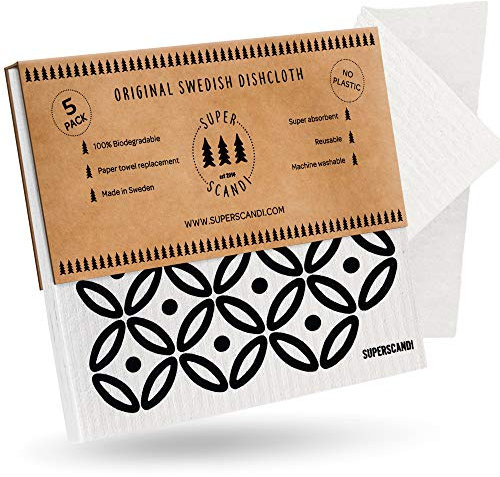 SUPERSCANDI 5 Piezas Paños de Cocina - 100% Biodegradables y Compostables | Trapos de Cocina Reutilizables, Aptos para Alimentos y Sin Plástico | Bayetas para Todas Las Superficies, Artdeco Negro
