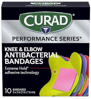 CURAD Performance Series Antibacterial Bandages, Extreme Hold Adhesive Technology, Knee & Elbow 3 inches x 3 inches, 10 Count, Ideal for Cuts, Scrapes, Sports, and Active Lifestyles