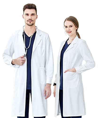 KUMARS Blouse Blanche Lycée Coton, Blouse Chimie Laboratoire, Femme Homme Manche Longue Blouse de Médecin Médical avec Poche et Bouton pour Chimie étudiant et Lycée Hospital Industriel,XL