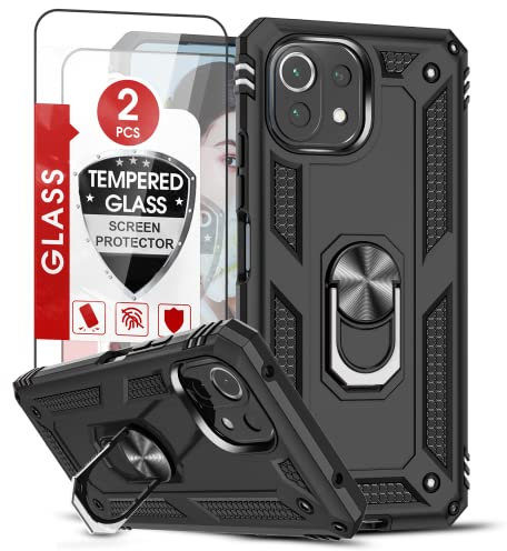 LeYi Cover per Xiaomi 11 Lite 5G NE/Xiaomi Mi 11 Lite 5G/4G con [2 Vetro Temperato], anello di supporto militare anti-caduta rinforzato difesa antiurto TPU morbida e PC rigida protezione custodia nera