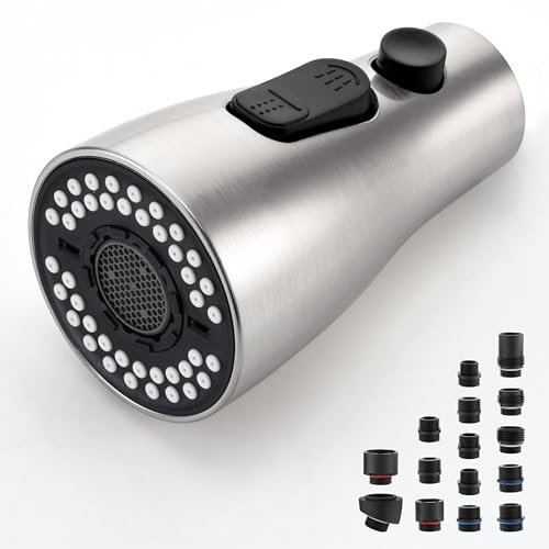 Küchenarmatur-Sprühkopf Ersatz – herausziehbarer Wasserhahn-Sprühkopf mit 15 Adaptern, ausziehbarer Wasserhahn-Sprühdüse, 3 Funktionen, Küchenarmatur-Sprühauslauf, Teil-Anschluss, gebürstetes Nickel