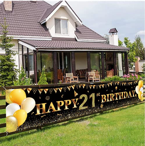 Happy 21st Birthday Banner,21st Birthday Decoration Black Gold,Party Backdrop Banner Fabric Banner.for Girl Boy 21stBirthday Photo Backdrop,Photography Background,Outdoor Yard Garden Table Wall Decor