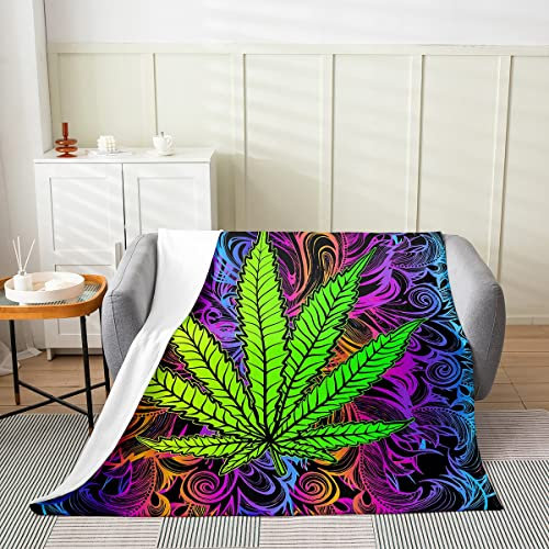 Marihuana Weed Blatt Flanell Decke Cannabis Blätter Überwurfdecke Trippy Bunte Marihuana Blatt Fleece Decke für Jungen Mädchen Männer Home Room Decor Boho Mandala Blätter Plüsch Decke 150 x 200