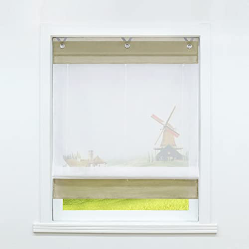 CORLIF Voile Raffrollo ohne Bohren Küche Gardinen Transparente Raffgardine mit Ösen Vorhänge mit Farbiger Blende Modern Hellbraun BxH 60X155cm 1 Stück