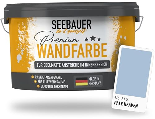 SEEBAUER diy Wandfarbe Blau 5L für Innen (No. 845 Pale Heaven) Edelmatte blaue Innenfarbe - Blautöne sehr hohe Deckkraft - Matt, Abwaschbar und Tropffrei